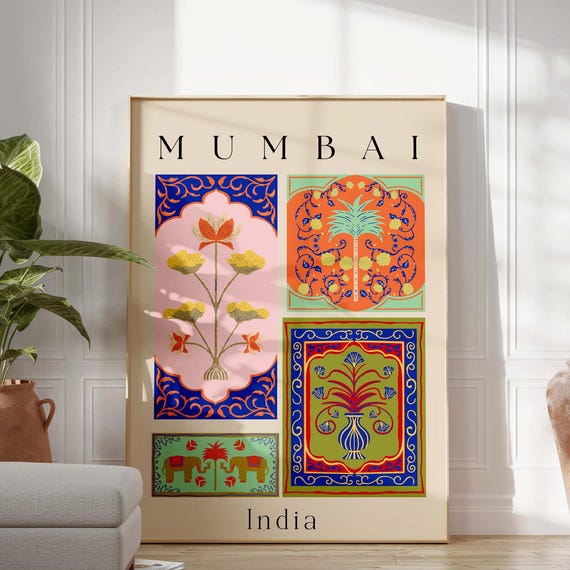 Mumbai Travel Poster City Wall Art Folk Print Trendy Famous Places Prints Ethnic Illustration