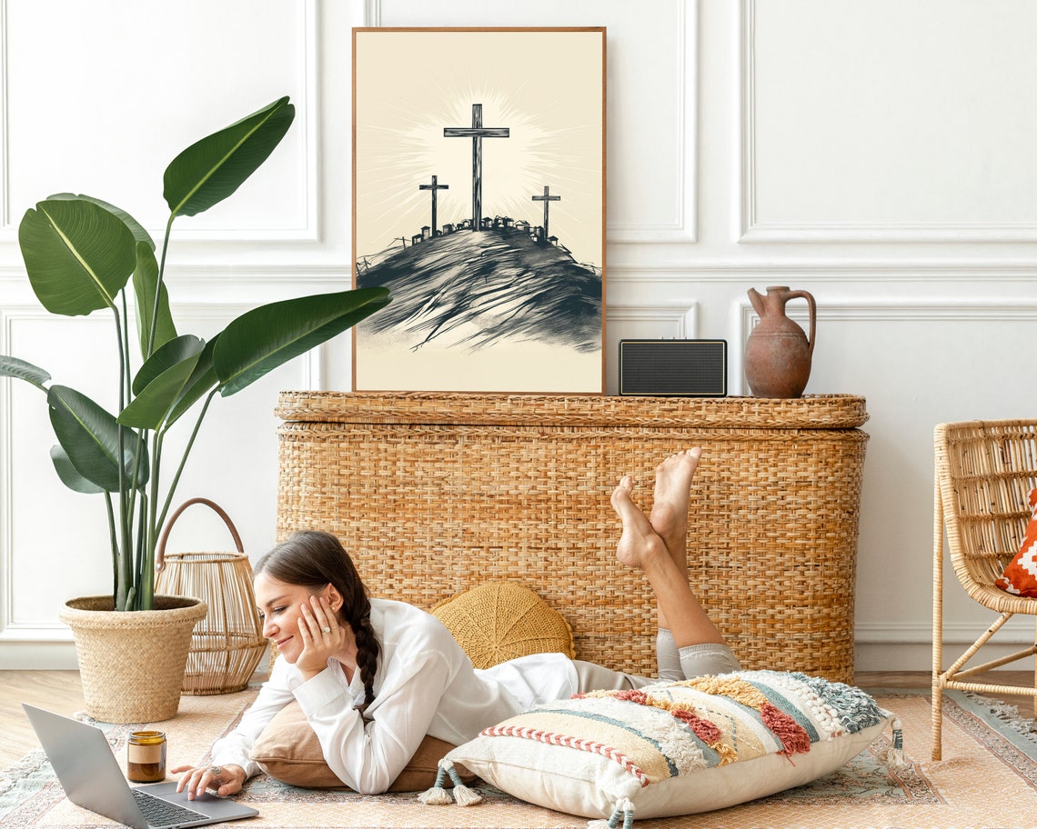 Three Crosses on Calvary Hill Ink Sketch Easter Faith Poster - Image 2