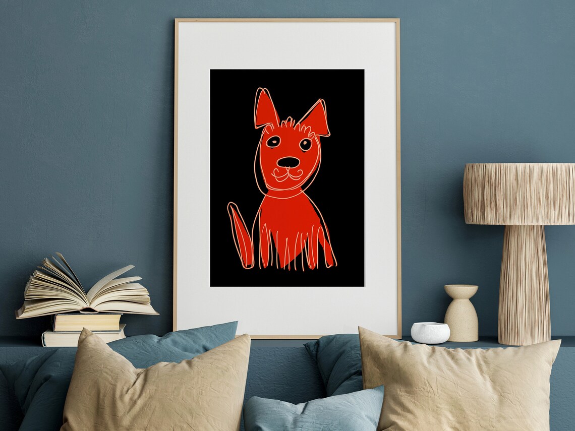 Red Dog Line Drawing Minimalist Black Background Pet Art Poster - Image 2