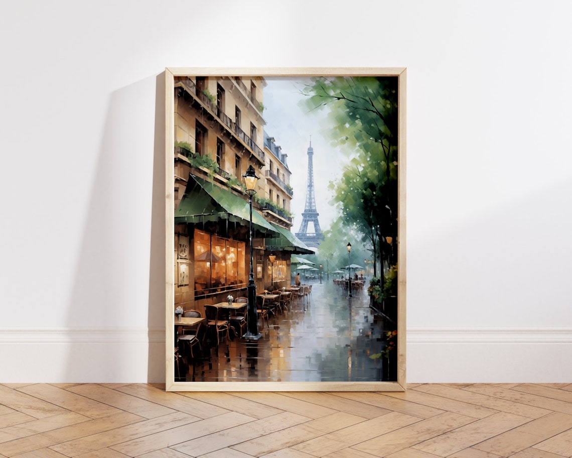 Paris Eiffel Tower Rainy Street Cafe Watercolor France Travel Poster