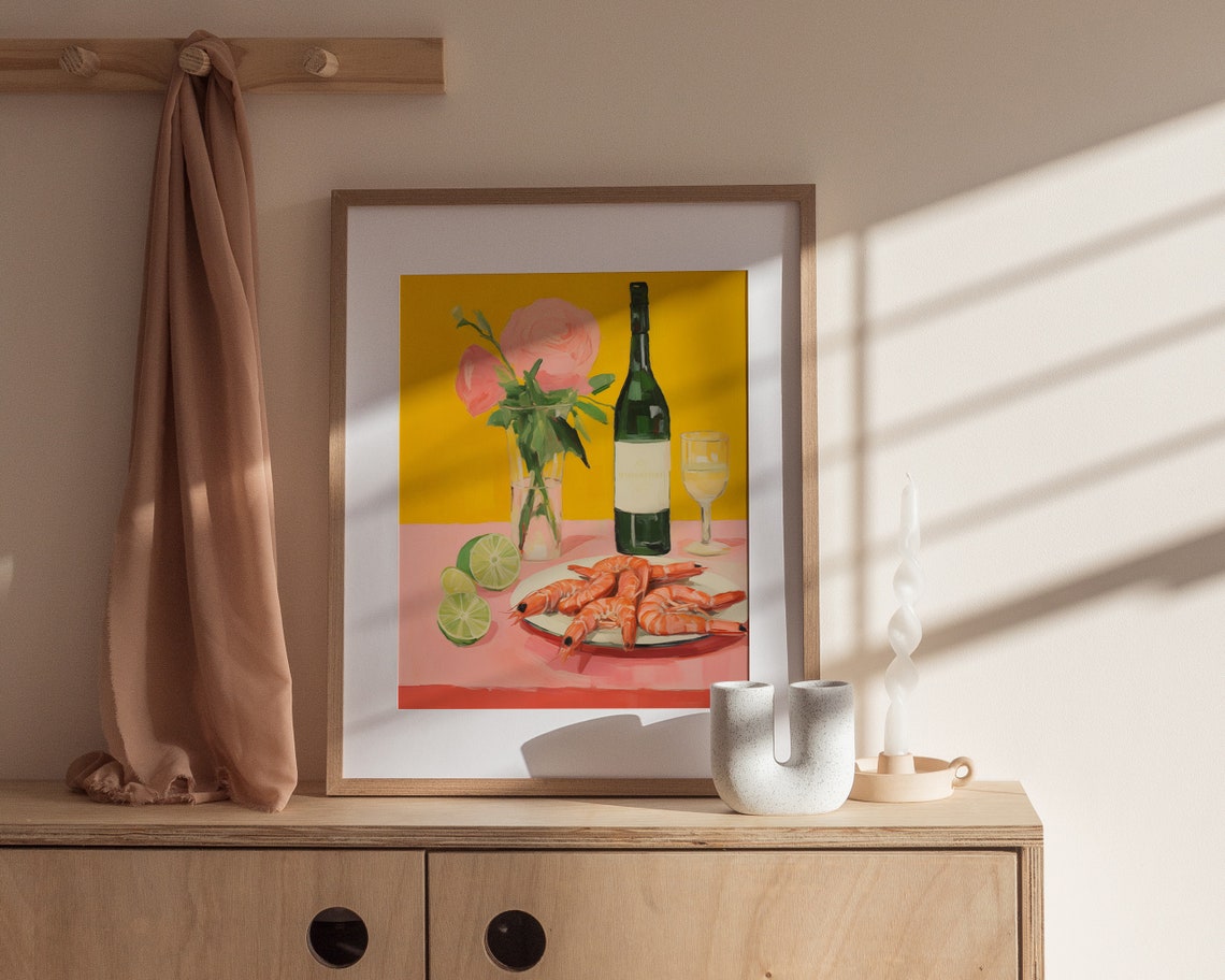 Shrimp Plate Still Life Wine Bottle Roses Eclectic Kitchen Poster - Image 2