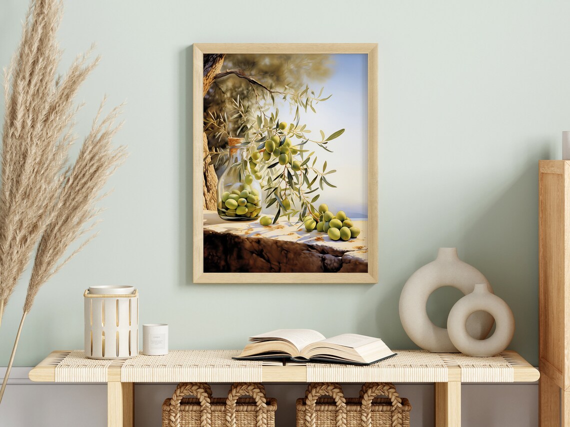 Olive Branch Green Olives Glass Jar Sunlit Still Life Wall Poster - Image 2