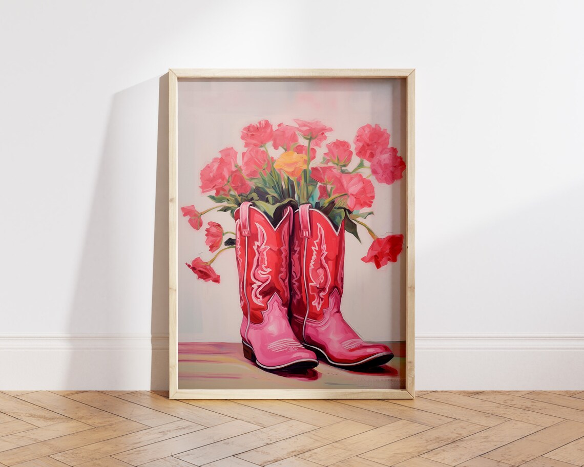 Pink Cowgirl Boots with Red Flowers Western Country Art Print