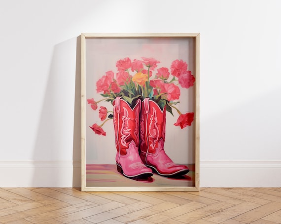 Pink Cowgirl Boots with Red Flowers Western Country Art Print