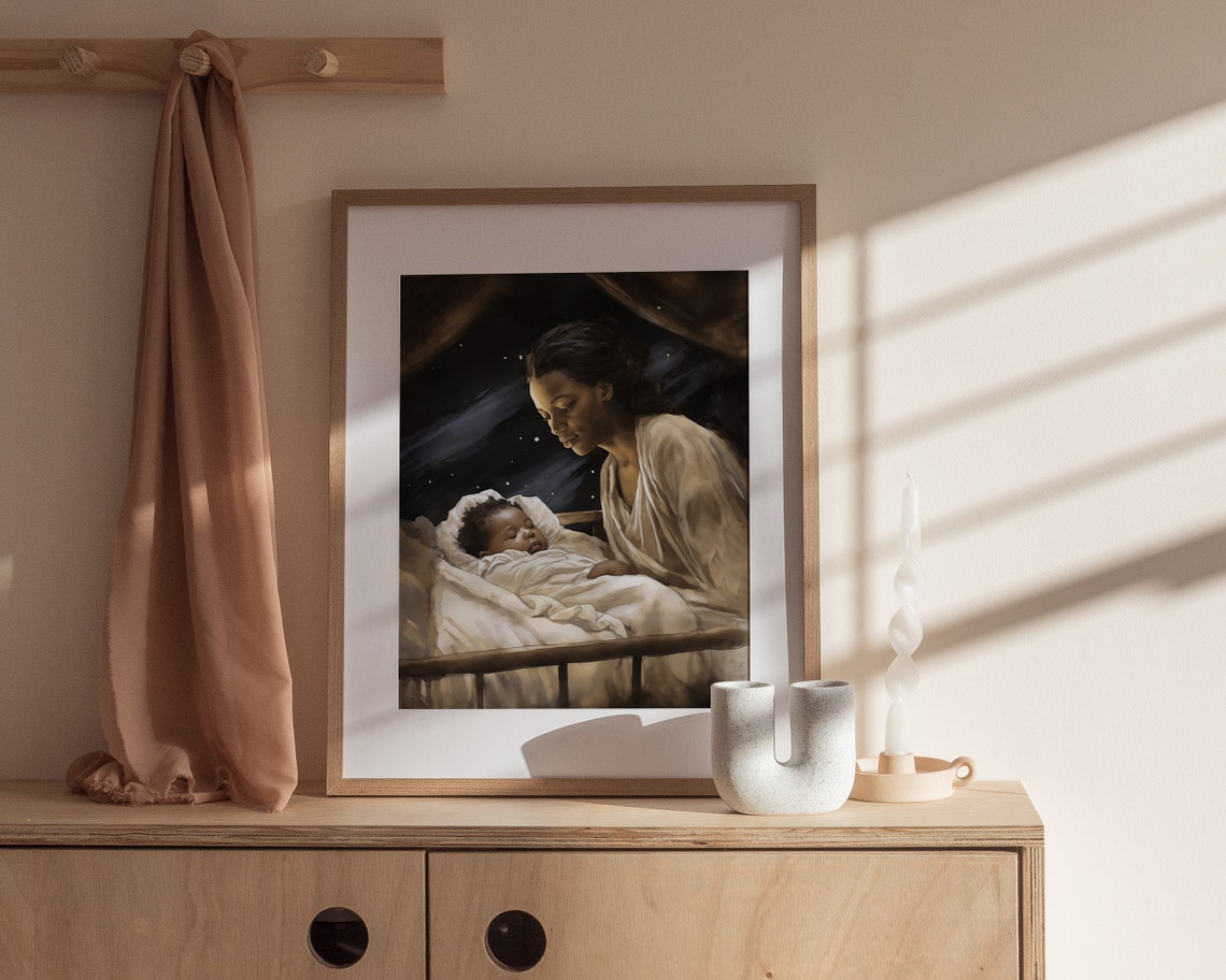 Black Mary and Baby Jesus Bedside Starry Night Nativity Poster - Image 2