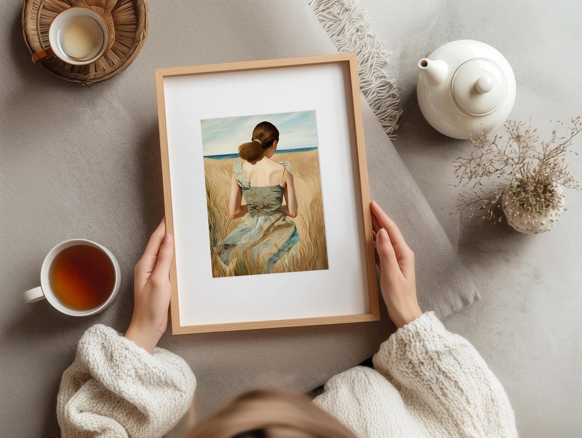 Woman Walking Beach Dunes Back View Coastal Seaside Art Poster - Image 3