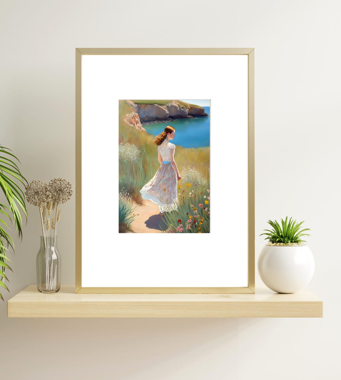 Woman On Cliff Path Overlooking Blue Sea Wildflower Art Poster - Image 4