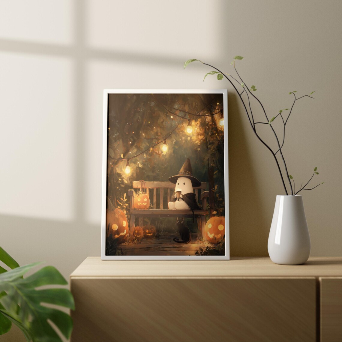 Cute Halloween Ghost Witch Pumpkins Cozy Spooky Autumn Art Print