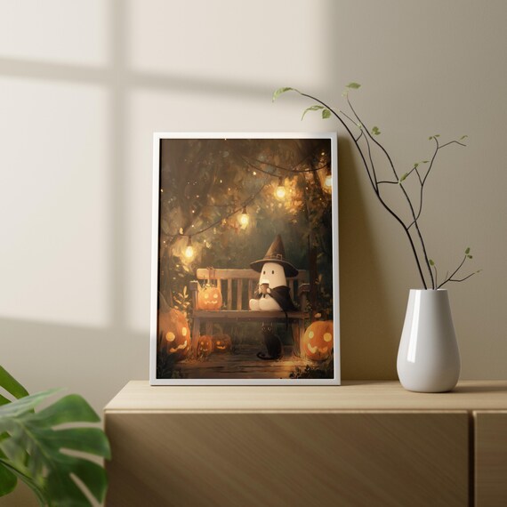 Cute Drinking Coffee With Black Cat And Pumpkins Halloween Witch Wall Art Print Cozy Autumn Home Decor