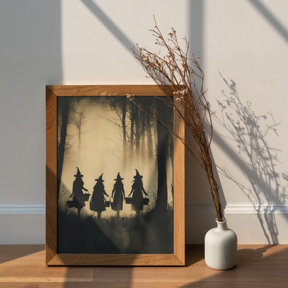 Dark Silhouette Halloween Wall Art Gothic Witch Children Print Spooky Forest Shadow Artwork Trick Or Treat