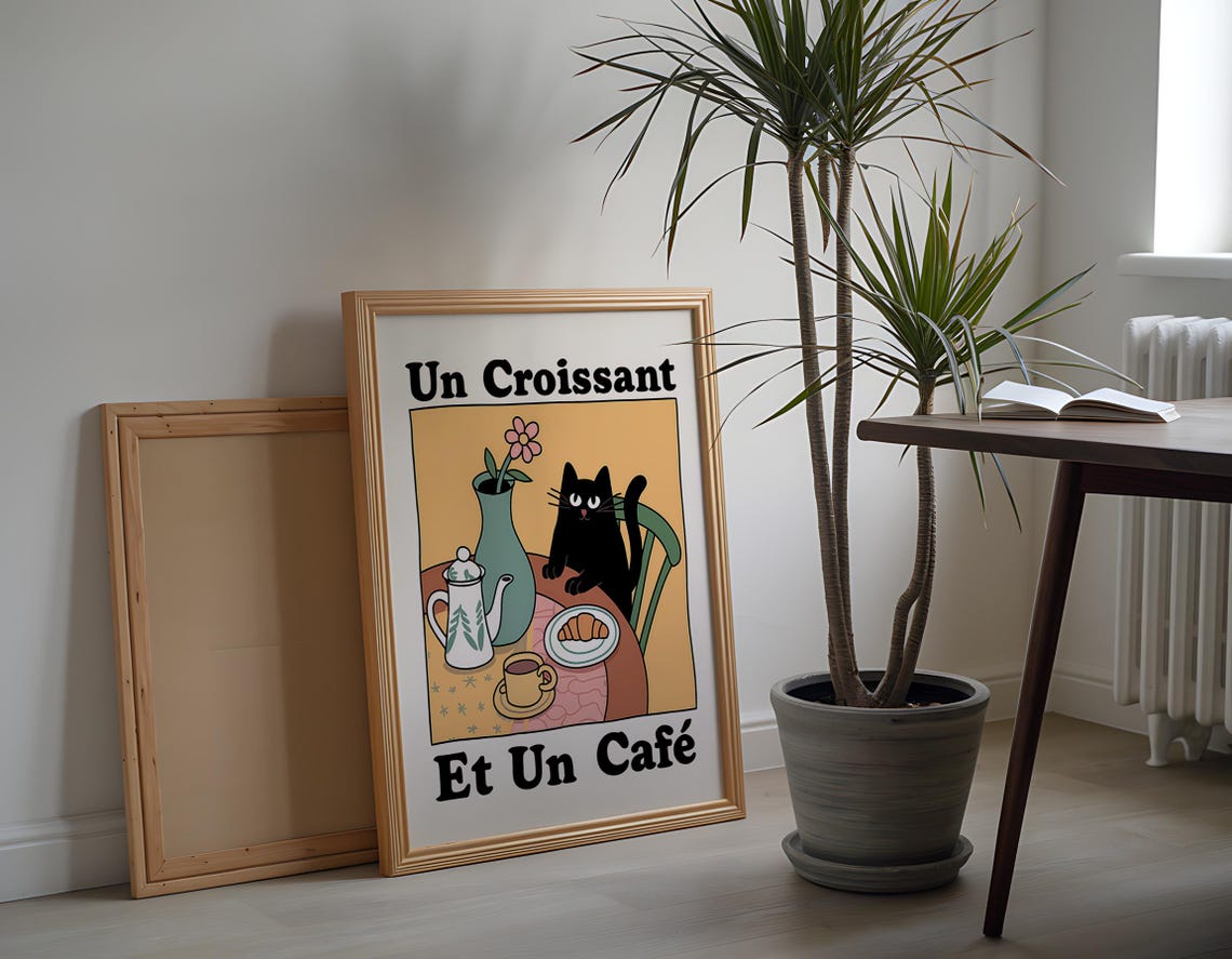 Un Croissant Et Un Café Cat, Vintage Kitchen Art Print - Image 2