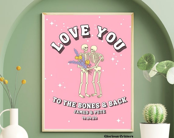 Personalized Couple Print Custom Illustration Anniversary Engagement Valentines Cute Wall Decor Retro Halloween