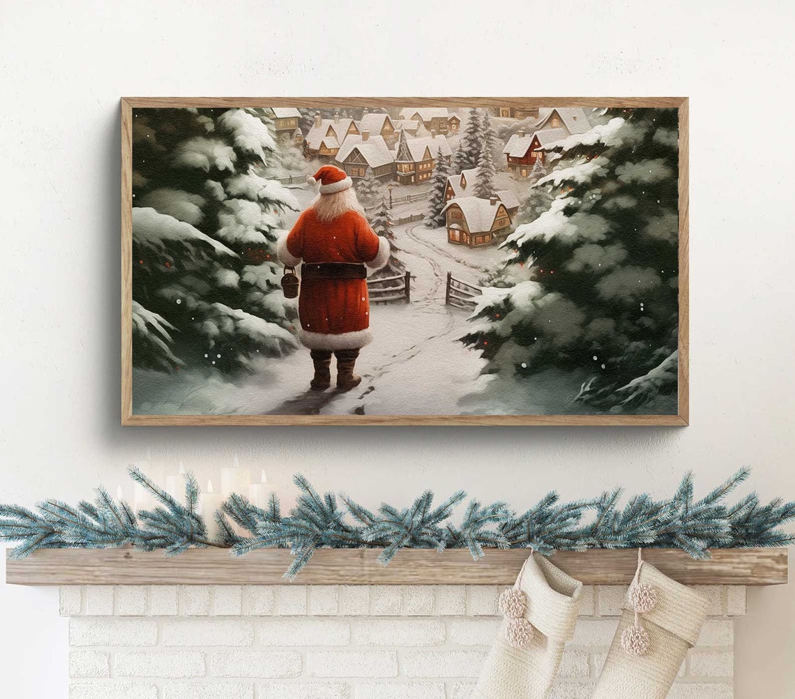 Santa Walking Through Snowy Christmas Village Frame TV Art Poster