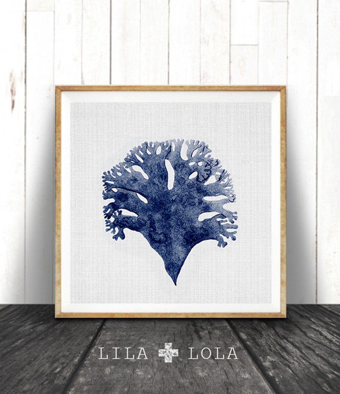 Navy Blue Coral Print Coastal Seaweed Illustration