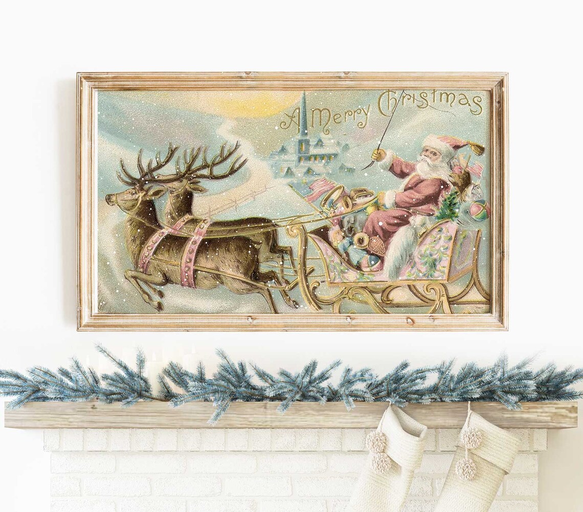 Retro Santa Sleigh Christmas Decor Art Print
