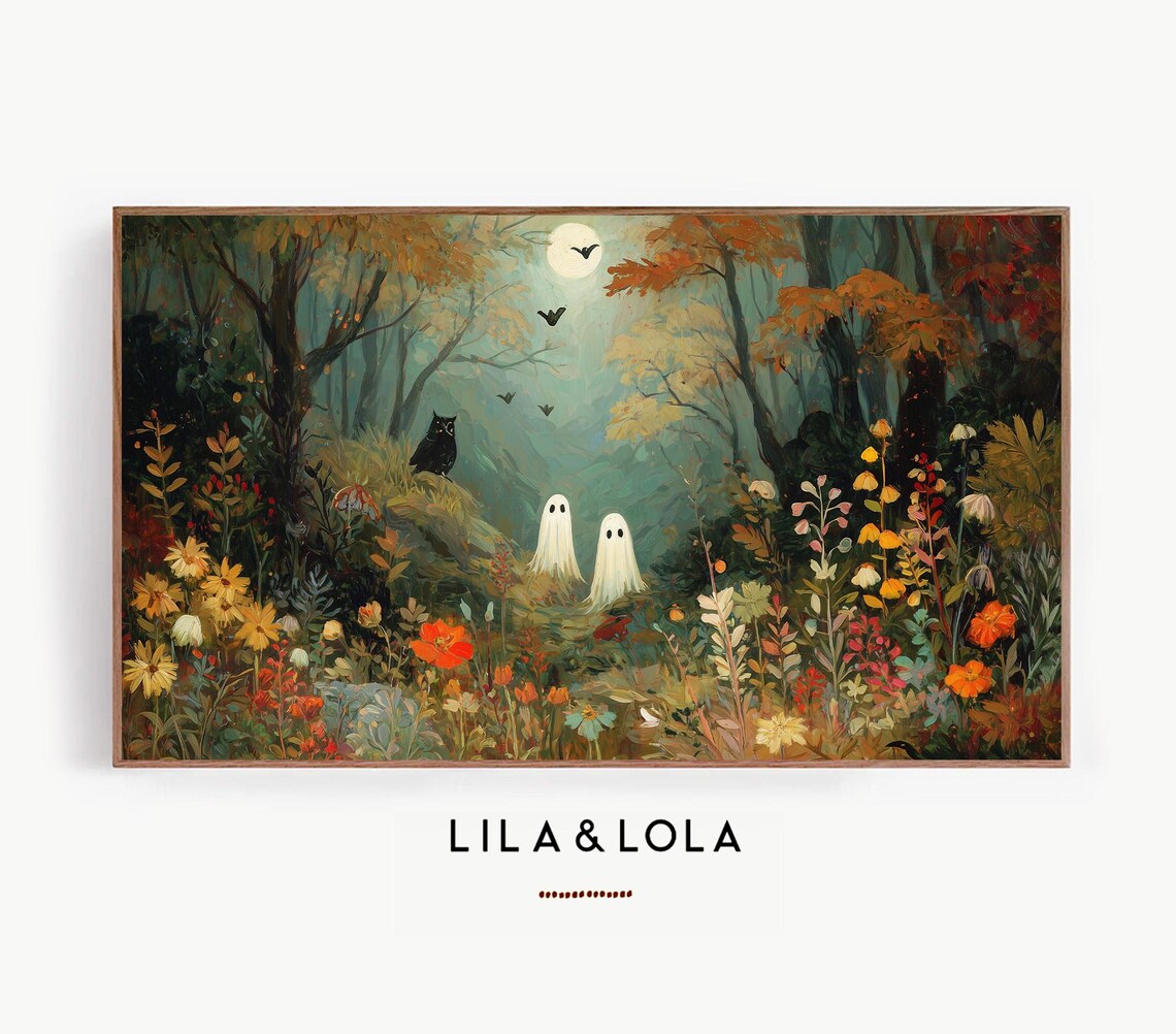 Halloween Ghosts In Autumn Forest Landscape Art Print