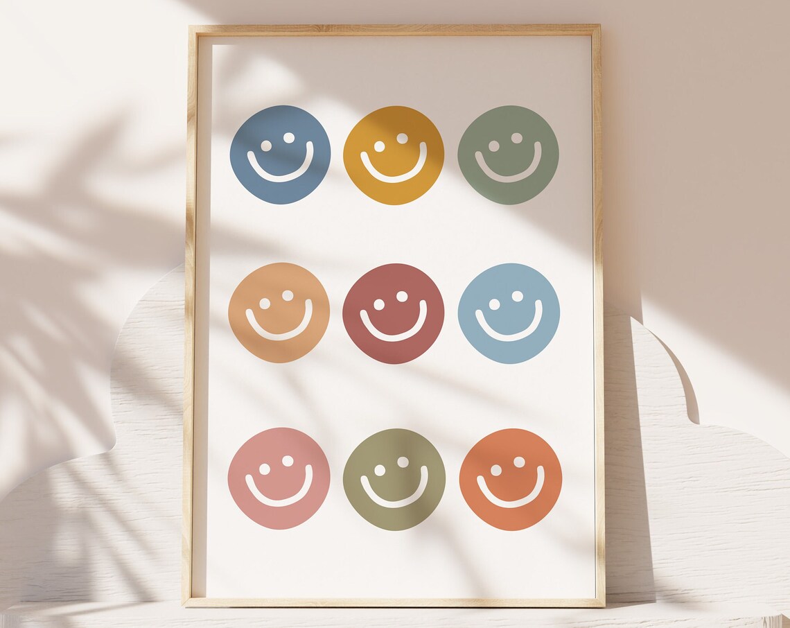 Smiley Face Print, Boho Kids Nursery Wall Art