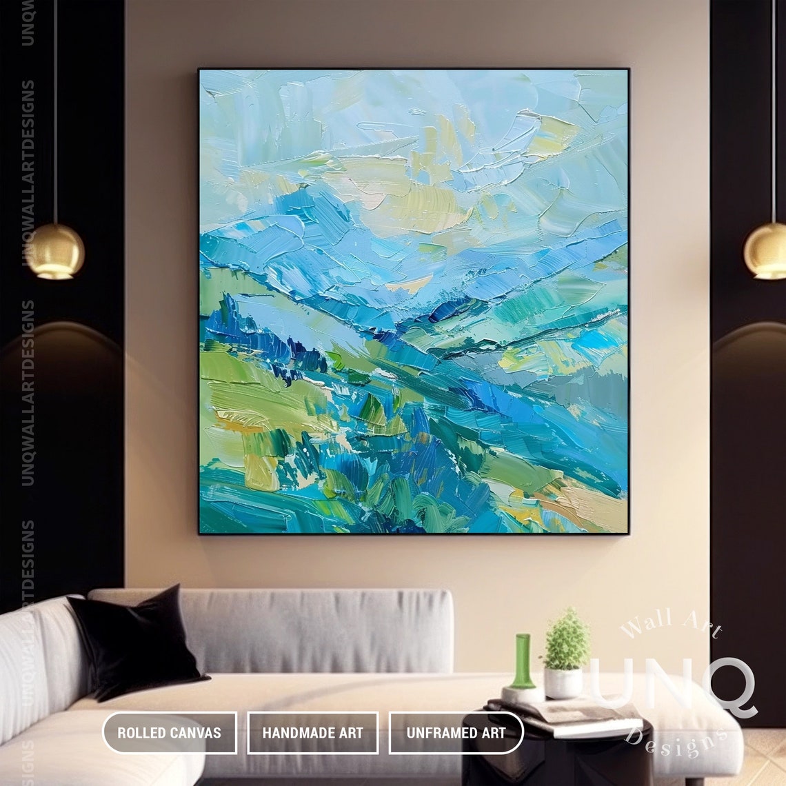 Unique Oversized Green Mountain Oil Painting On Custom Mint Green Sky Cloud Wall Decoration Stylish Scenery Wall Decor - Image 2