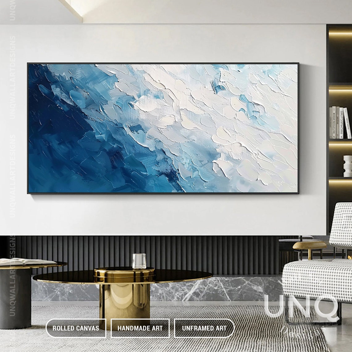 Navy To White Diagonal Waves Heavy Impasto Modern Abstract Poster - Image 7