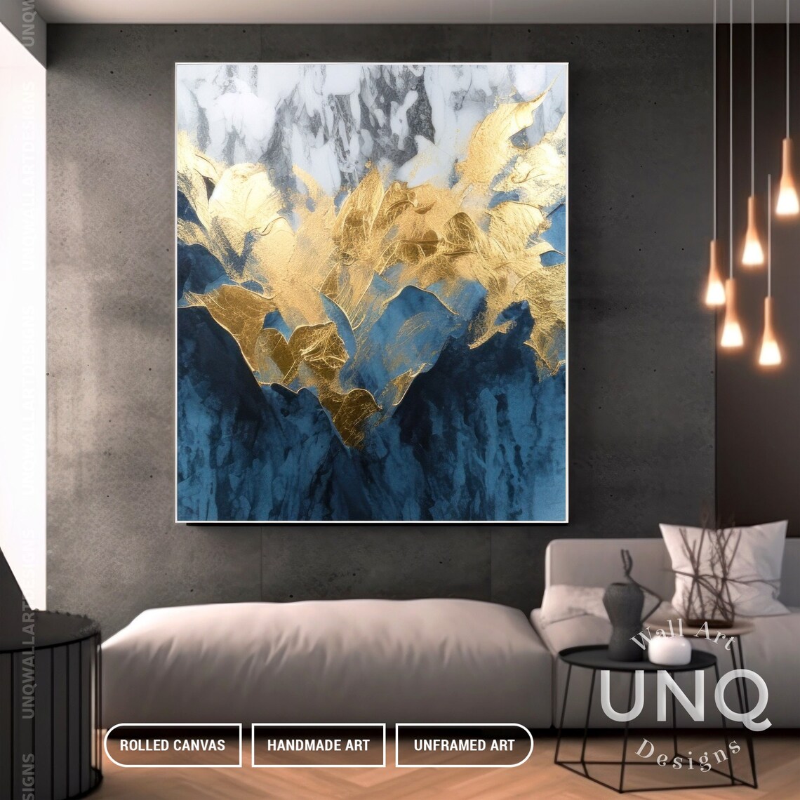 Blue Gold Leaf Abstract Art, Grey Gold Texture Print - Image 3