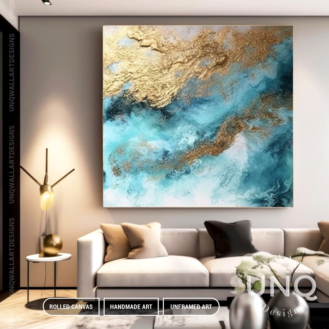 Blue Gold Leaf Ocean Abstract Wall Art Print - Image 4