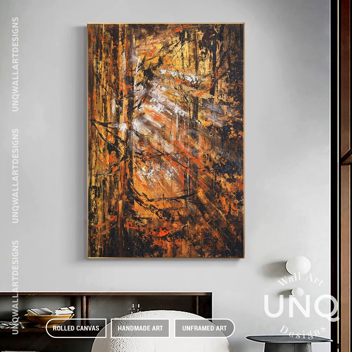 Golden Autumn Forest Abstract Impasto Painting Orange Brown Poster - Image 3