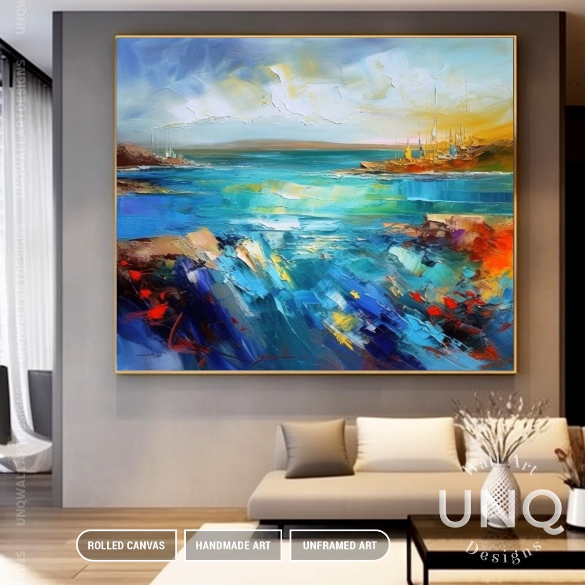Turquoise Sea And Golden Sky Colorful Modern Coastal Painting Poster - Image 3