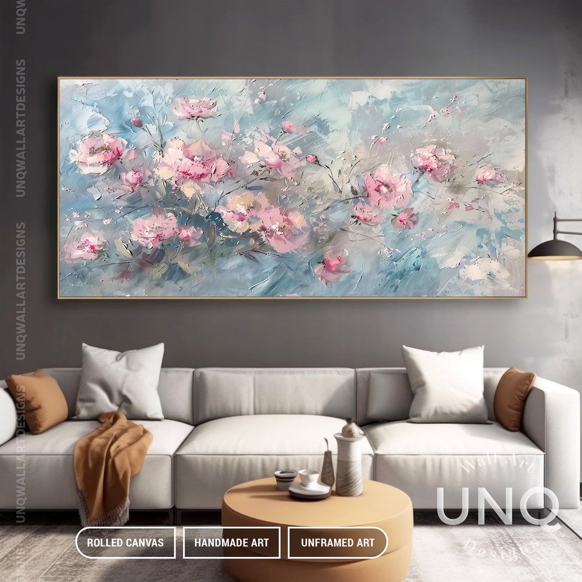 Pink Blossoms On Blue Grey Impressionist Floral Painting Art Poster - Image 3