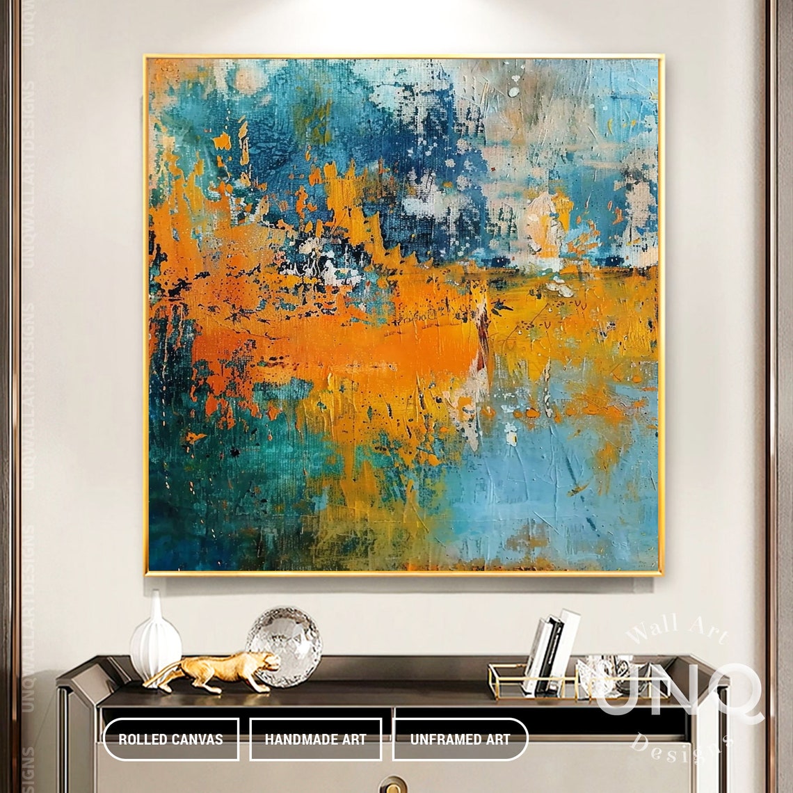Rust Orange Band On Blue Textured Modern Abstract Painting Poster - Image 5
