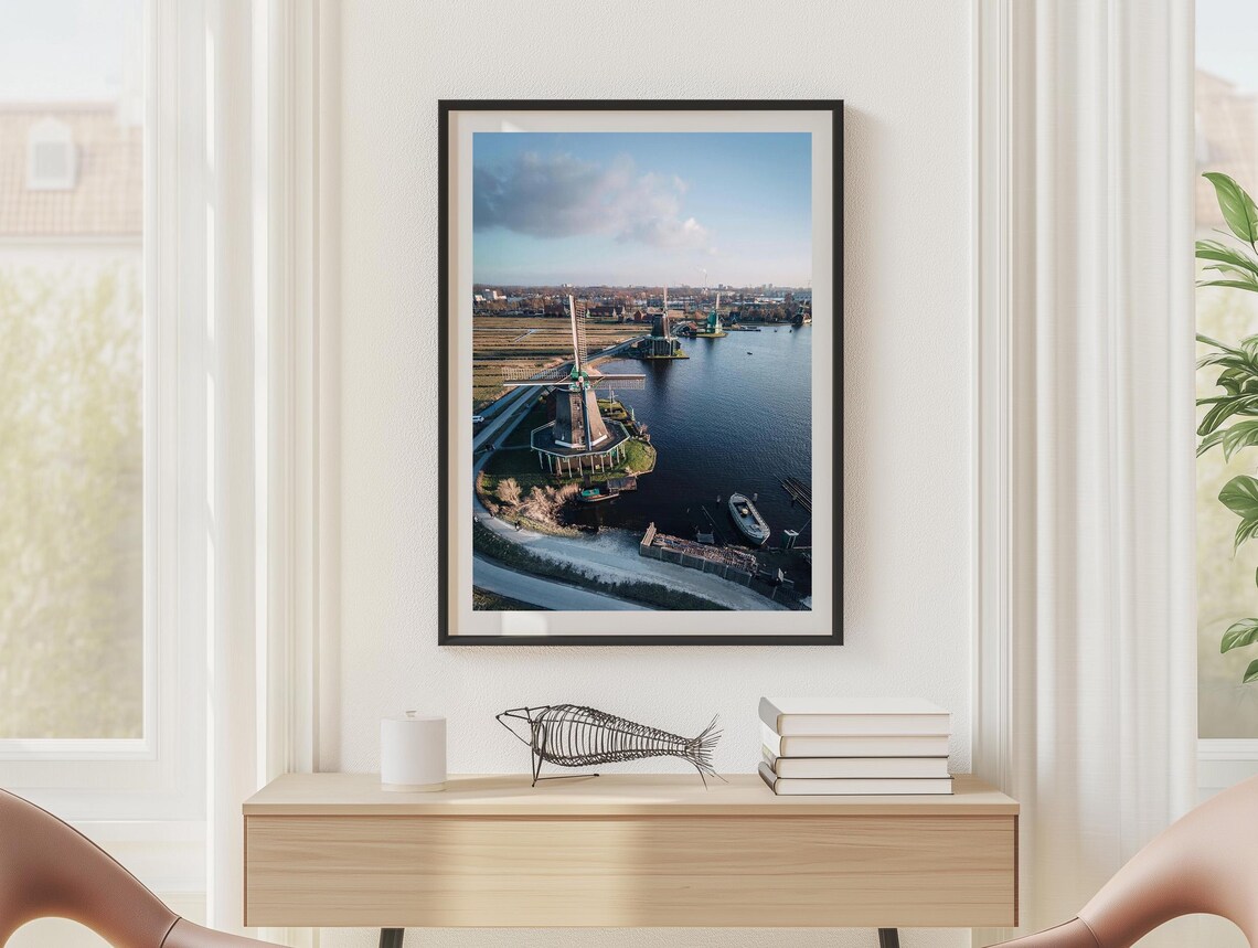 Dutch Windmills Aerial View Riverside Village Morning Photo Poster - Image 2