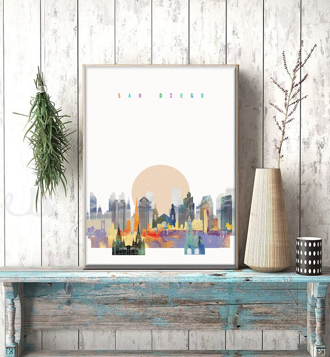 San Diego California Sun Disc Watercolor Skyline Art Modern Home Decor Poster - Image 2