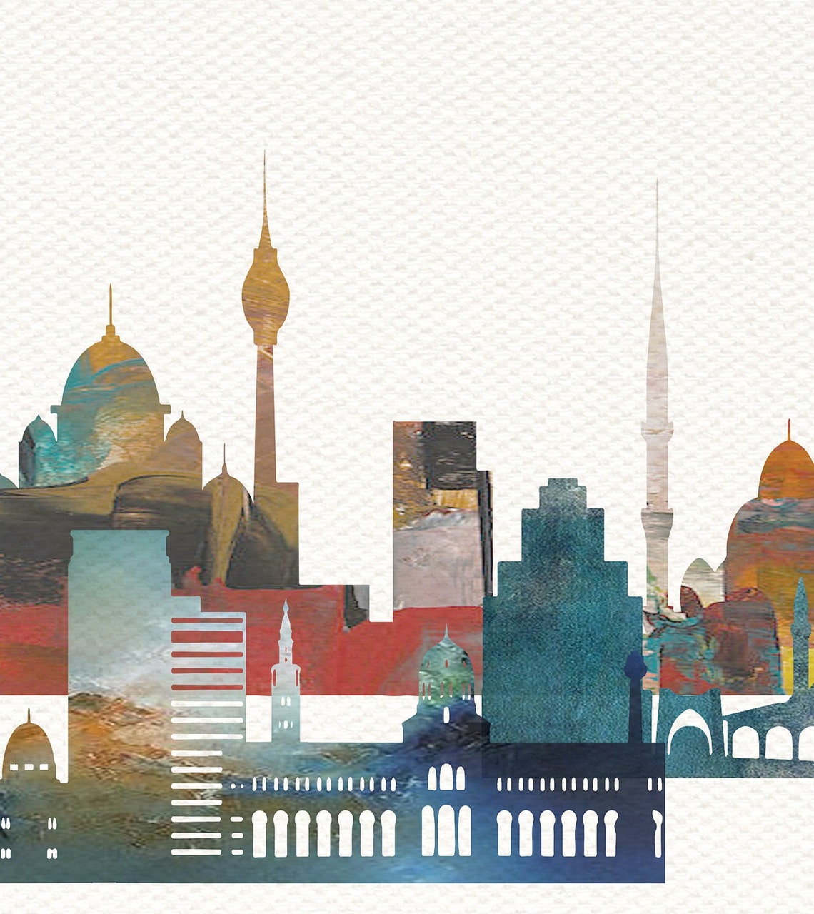 Damascus Watercolor Skyline Domes Minarets Modern Decor Poster