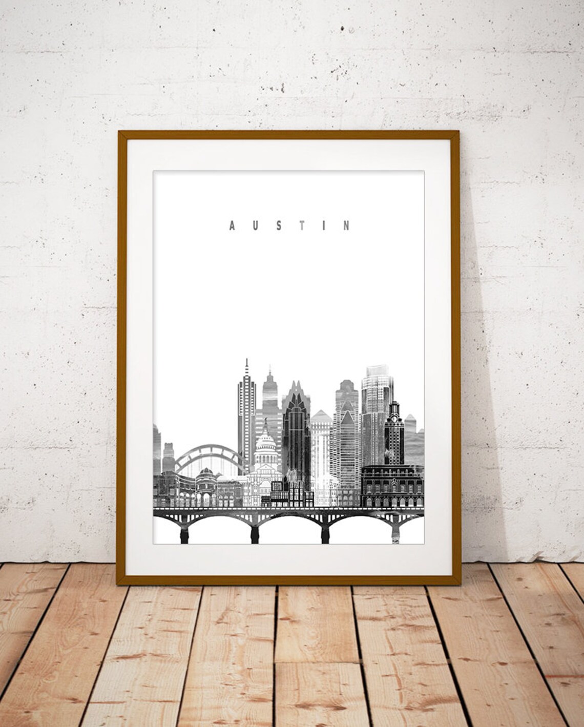 Austin Texas Black and White Minimalist Modern City Skyline Poster