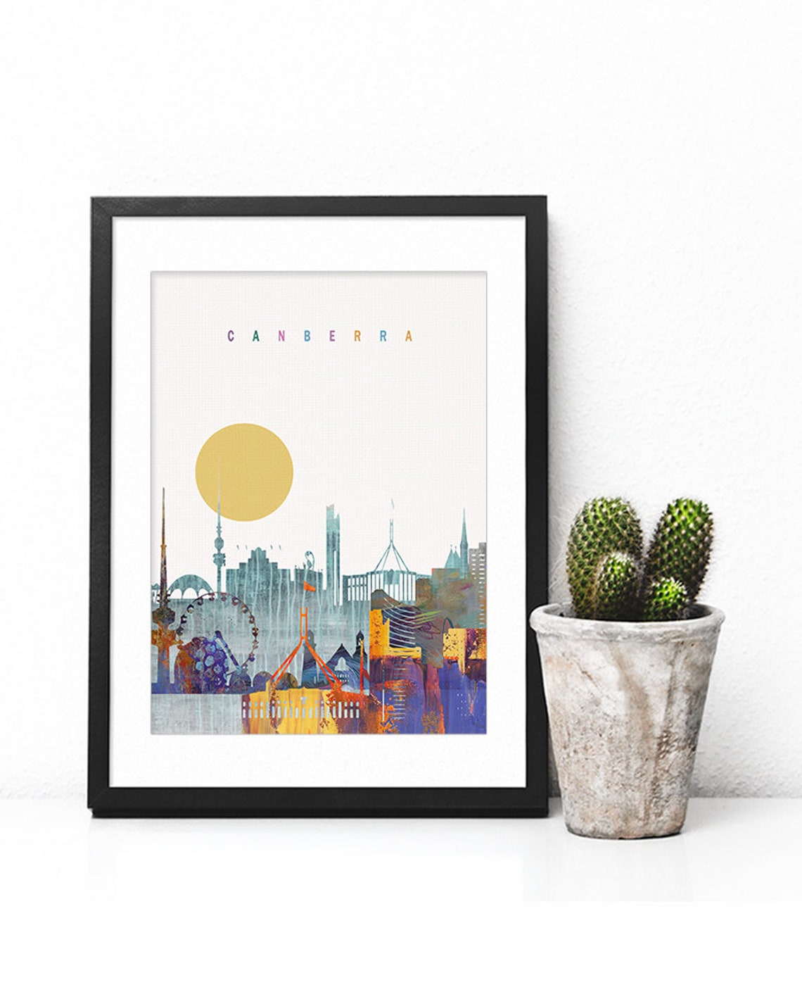 Canberra Watercolor Skyline Golden Sun Modern Home Decor Poster - Image 2