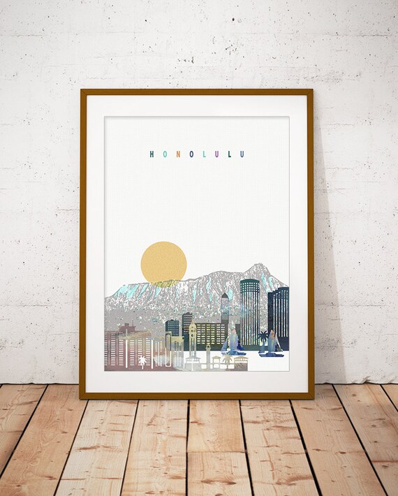 Honolulu Hawaii Tropical Sunset Watercolor City Skyline Art Poster