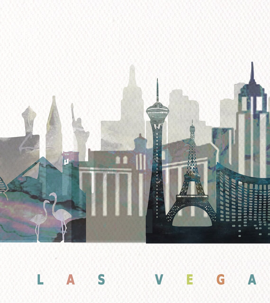 Las Vegas Nevada Watercolor Skyline Strip Resort Landmarks Poster - Image 2