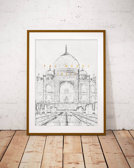 Taj Mahal India Pencil Sketch Drawing Gold Lettering Art Poster