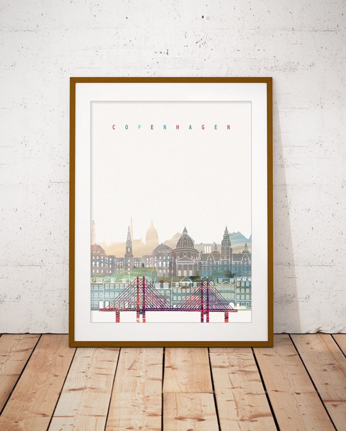 Copenhagen Denmark Watercolor Skyline Nyhavn Bridge Pastel Poster