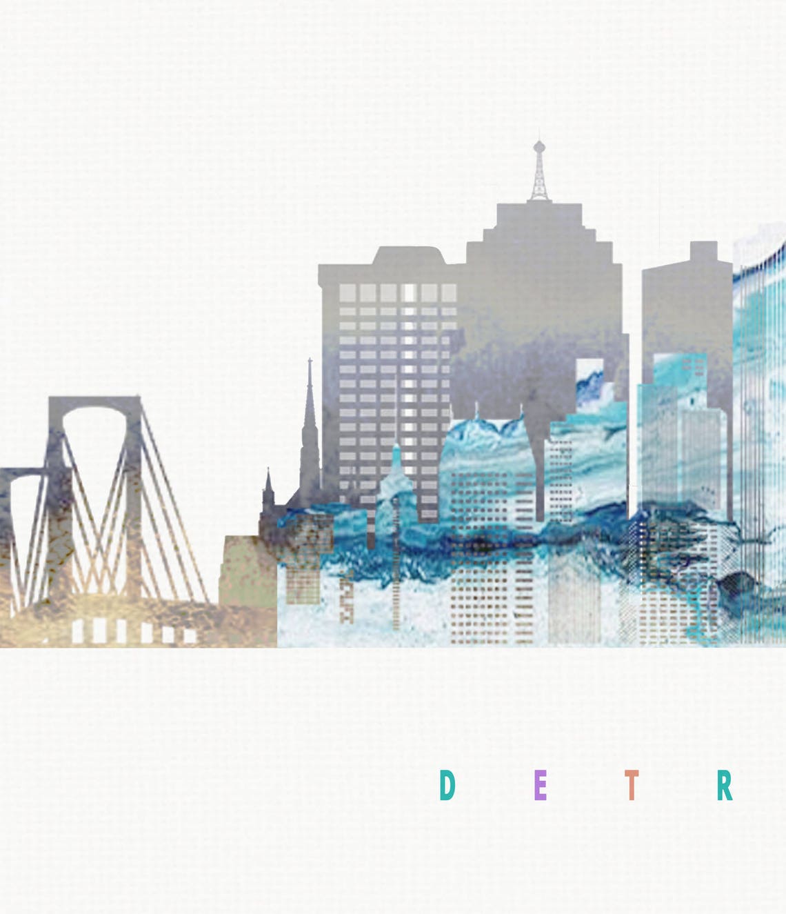 Detroit Michigan Watercolor Skyline Pastel Letters Modern Art Poster - Image 2