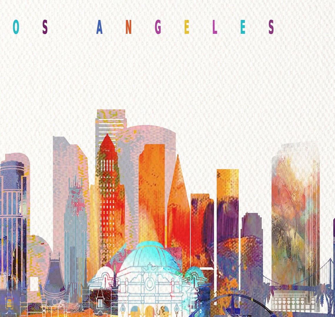 Los Angeles California Sunset Watercolor Skyline Art Modern Home Decor Poster - Image 2