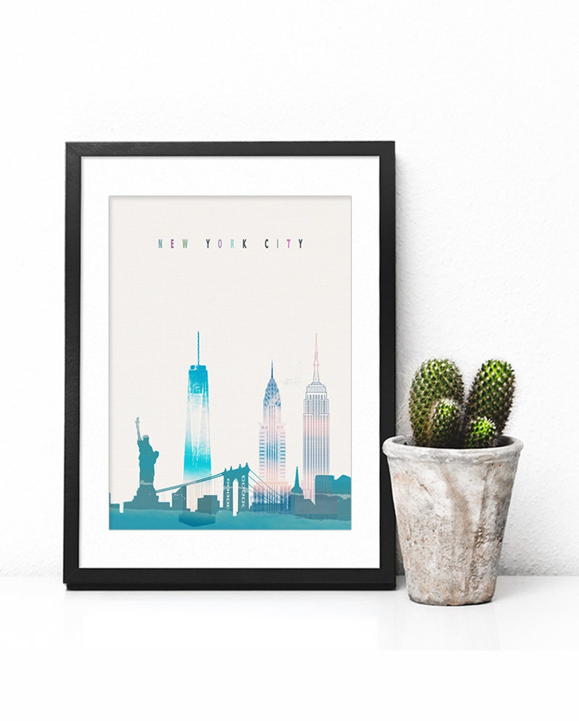 New York City Watercolor Skyline Iconic Landmarks Cityscape Poster - Image 2