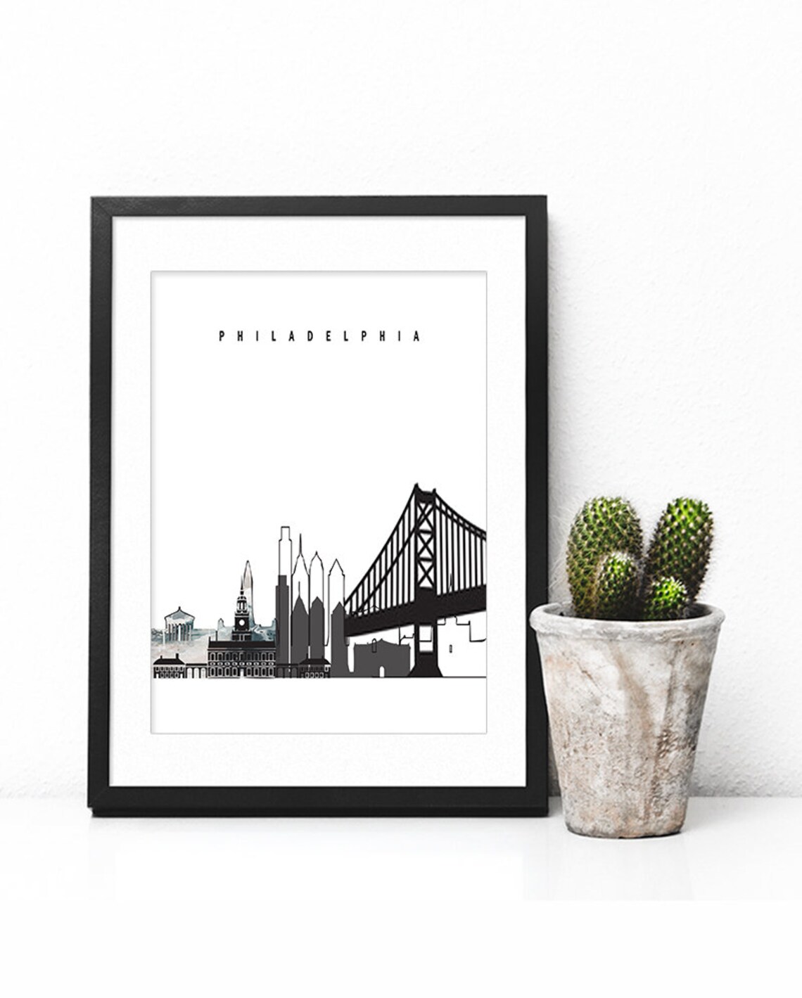 Philadelphia Gray Scale Ben Franklin Bridge Skyline Poster Art - Image 2