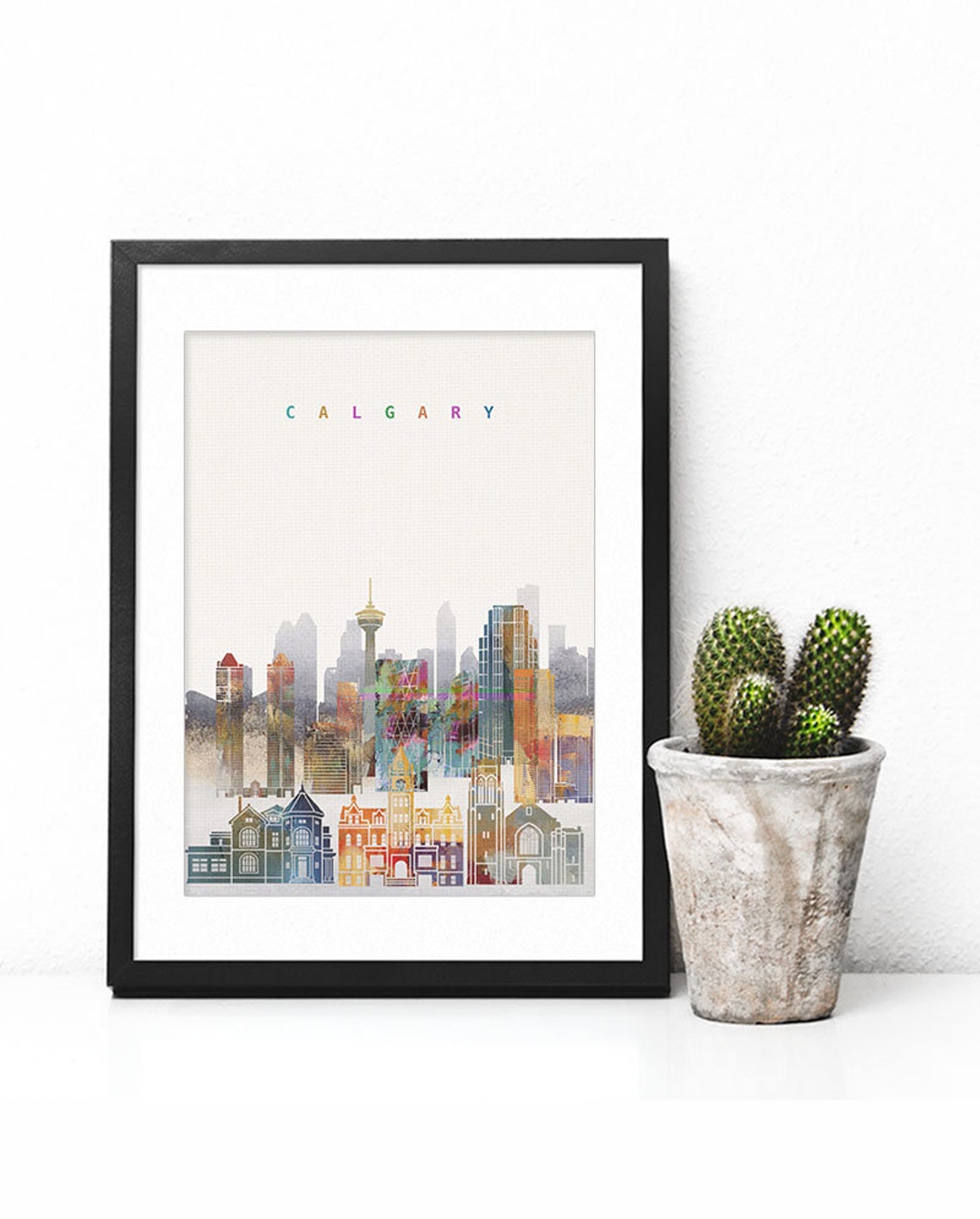 Calgary Canada Colorful Watercolor City Tower Skyline Art Poster - Image 2