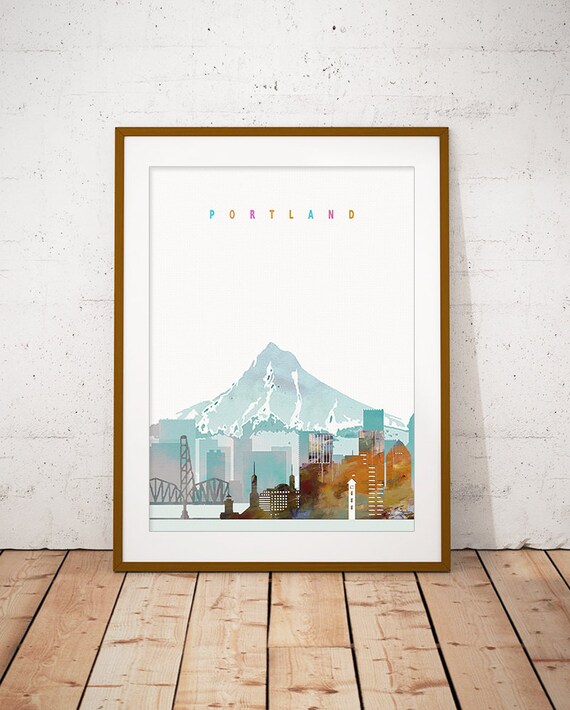 Portland Oregon Watercolor Skyline Mount Hood Bridge Pastel Poster