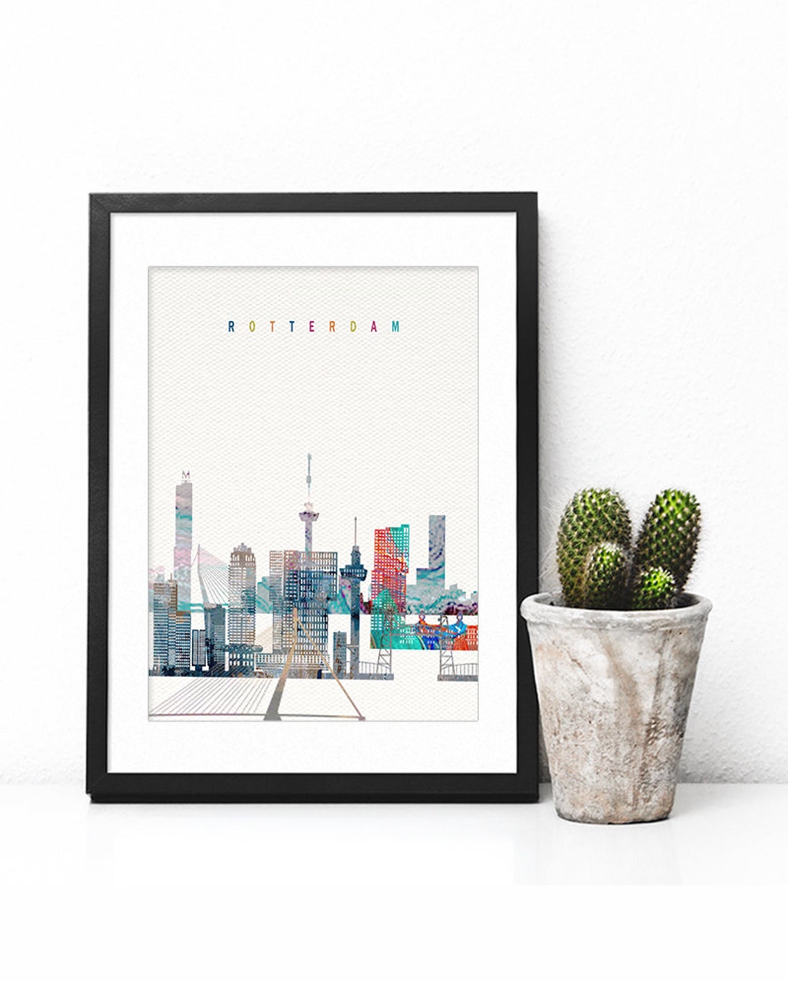 Rotterdam Netherlands Erasmus Bridge Watercolor Skyline Poster - Image 2
