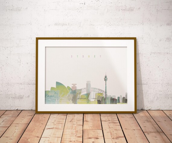 Sydney Australia Watercolor Skyline Opera House Pastel Art Poster
