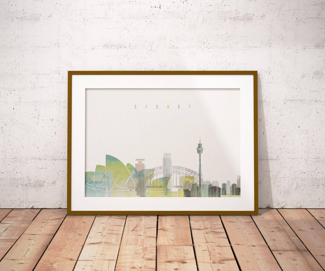 Sydney Australia Watercolor Skyline Opera House Pastel Art Poster