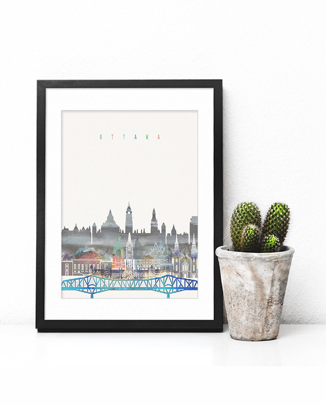 Ottawa Canada Watercolor Skyline Parliament Hill Bridge Poster - Image 2