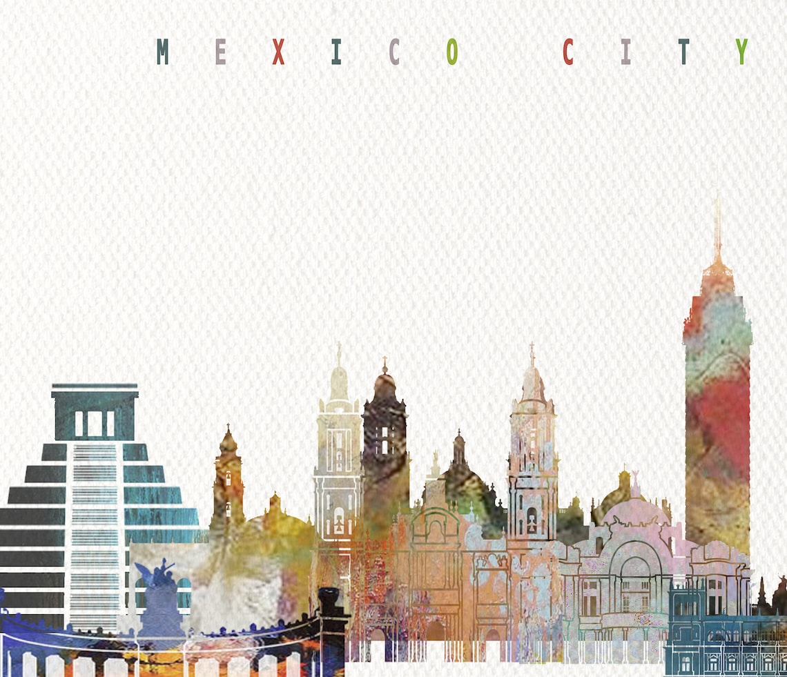 Mexico City Watercolor Skyline Landmarks Cityscape Art Poster - Image 2