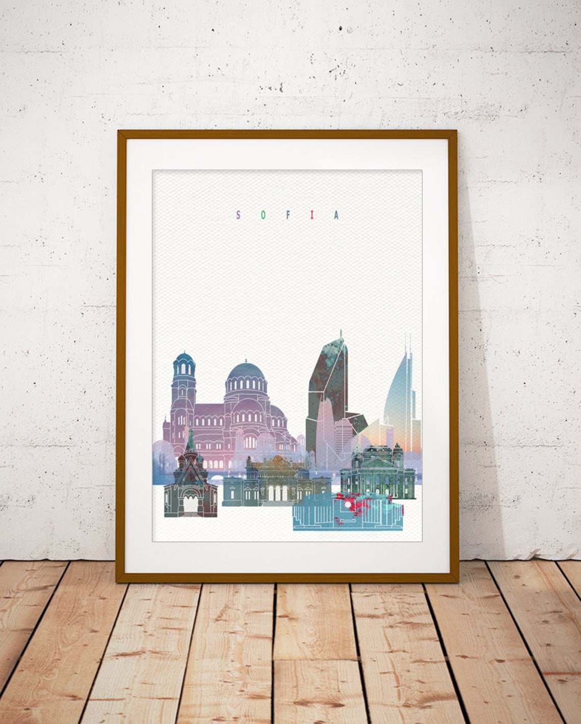 Sofia Bulgaria Watercolor Skyline Cathedral Golden Domes Poster